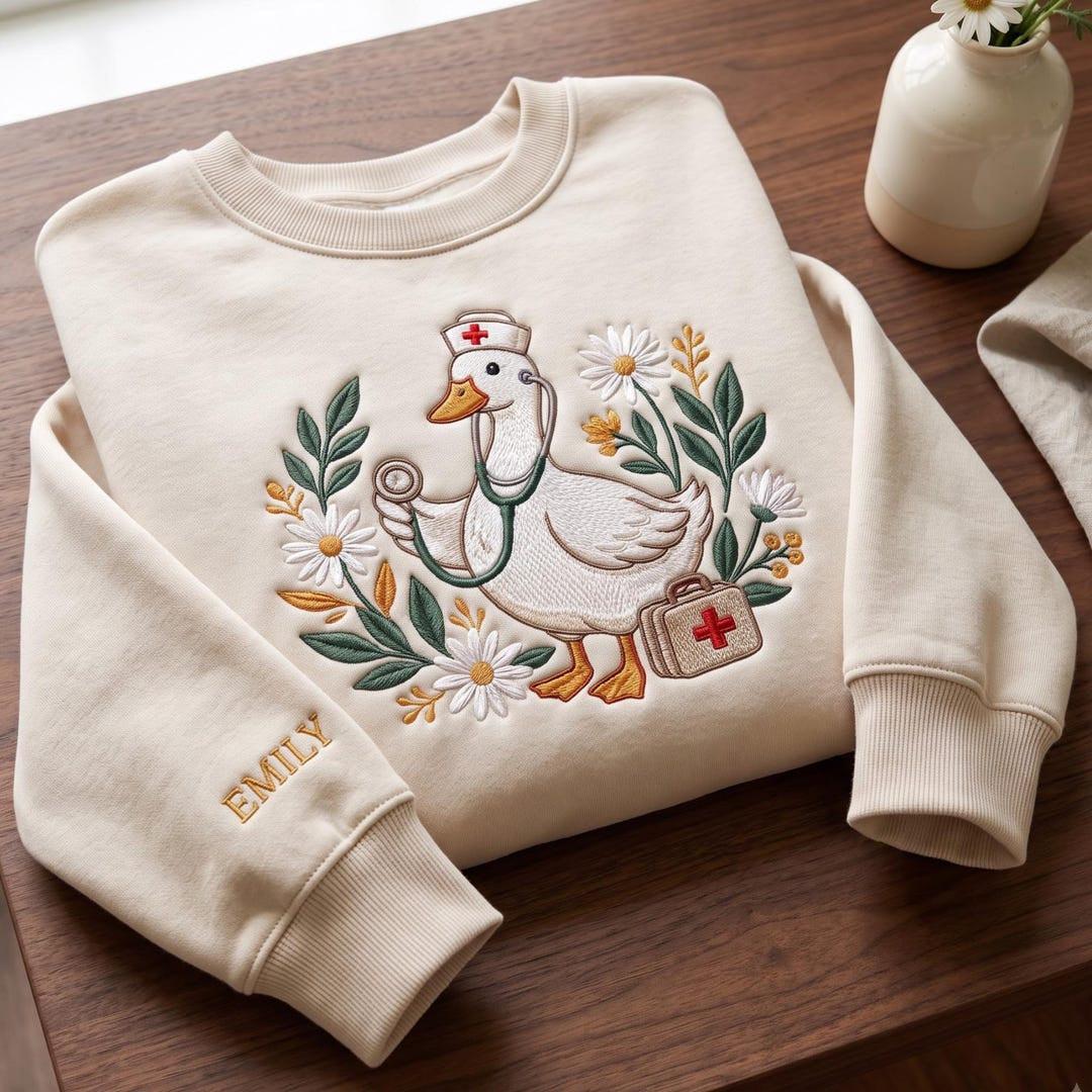 Personalized Nurse Duck Stethoscope Medical Kit Floral Daisy Custom Name Sleeve embroidered sweatshirt — front view