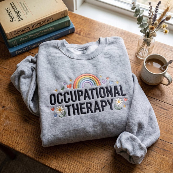 Occupational Therapy Rainbow Daisy Hearts embroidered sweatshirt — front view