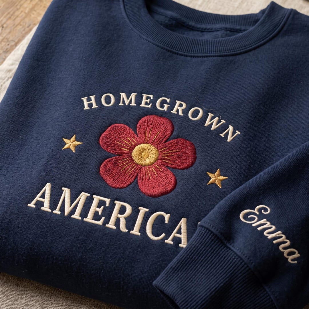 Personalized Homegrown American Patriotic Floral Flower Stars Custom Sleeve Name embroidered sweatshirt — front view