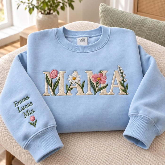 Personalized Mama Floral Letters Wildflower Kids Names Sleeve Embroidered Sweatshirt