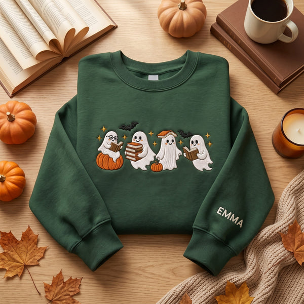 Personalized Halloween Reading Ghosts Pumpkin Bats Book Lover embroidered sweatshirt — front view