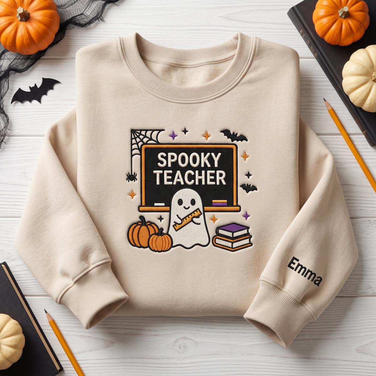 Personalized Spooky Teacher Ghost Chalkboard Pumpkin Halloween embroidered sweatshirt — front view