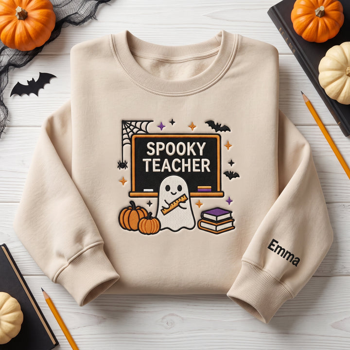 Personalized Spooky Teacher Ghost Chalkboard Pumpkin Halloween embroidered sweatshirt — front view