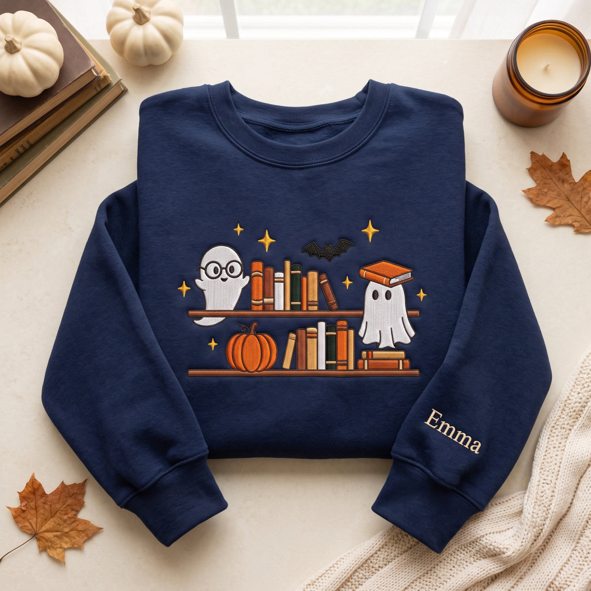 Personalized Halloween Ghost Bookshelf Pumpkin Bat Spooky Reading embroidered sweatshirt — front view