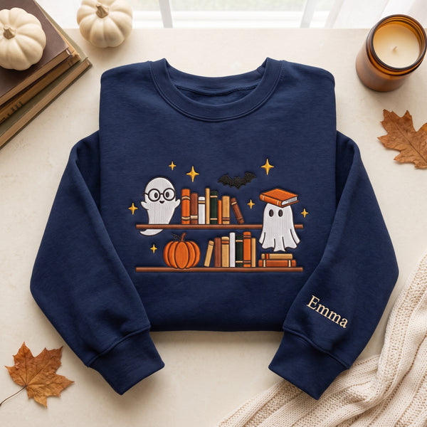 Personalized Halloween Ghost Bookshelf Pumpkin Bat Spooky Reading embroidered sweatshirt — front view