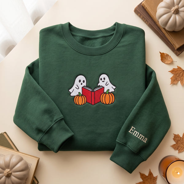 Personalized Halloween Two Ghosts Reading Book Pumpkins embroidered sweatshirt — front view