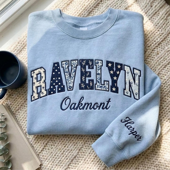 Personalized Varsity Floral Applique Custom Name Sleeve embroidered sweatshirt — front view