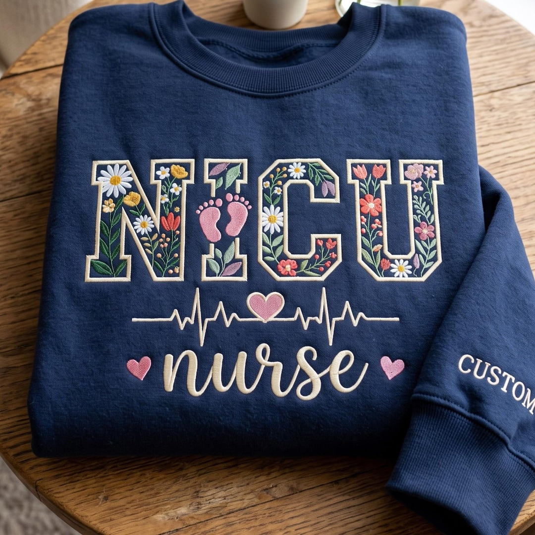 Personalized NICU Nurse Floral Wildflower Letters Heartbeat Custom Name embroidered sweatshirt — front view