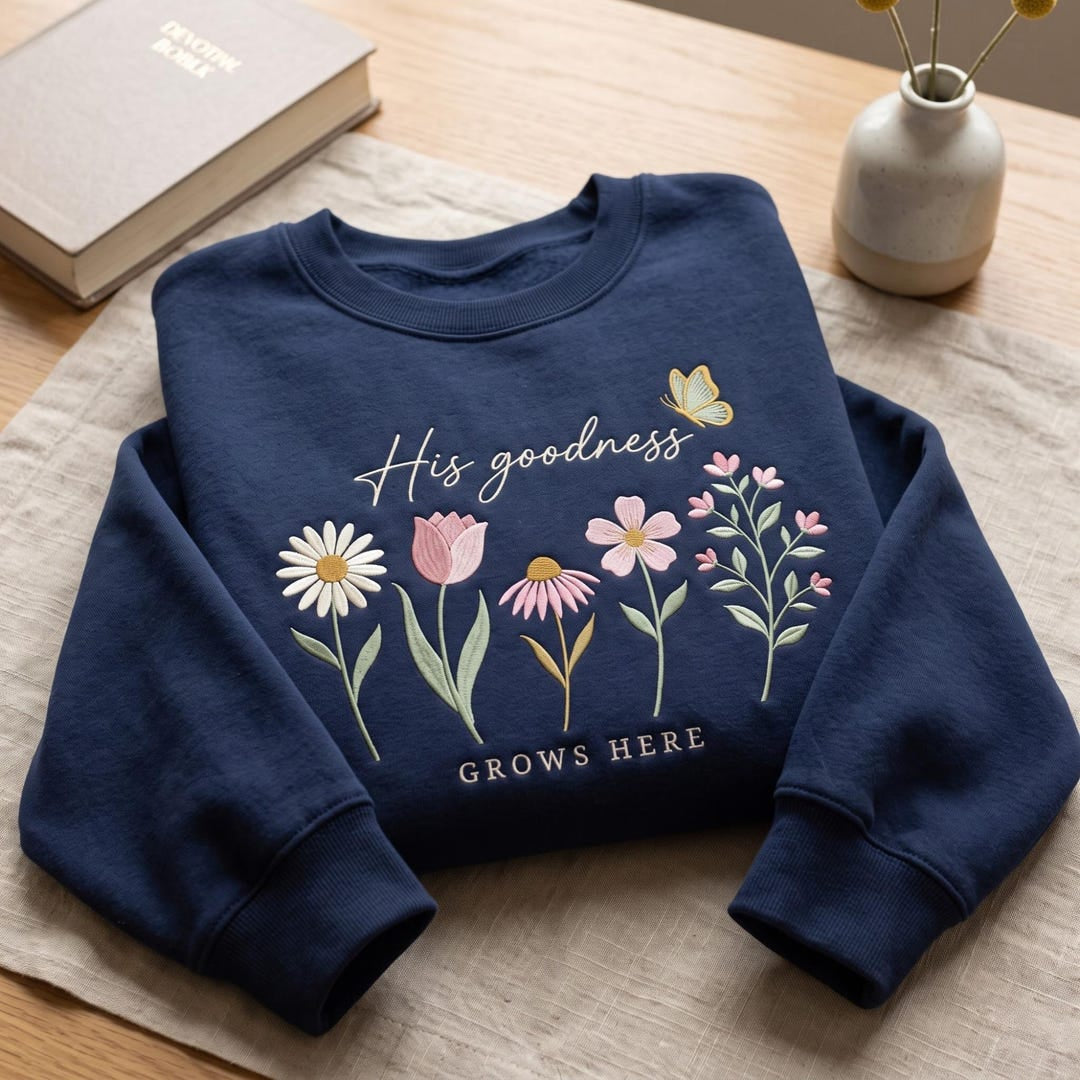 His Goodness Grows Here Wildflower Floral Faith Christian embroidered sweatshirt — front view