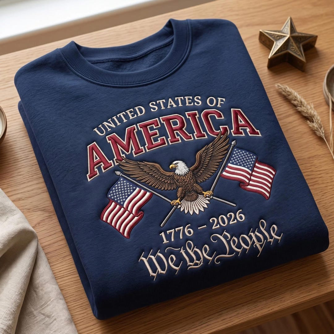 United States of America Patriotic Bald Eagle Dual Flag 1776-2026 We the People embroidered sweatshirt — front view