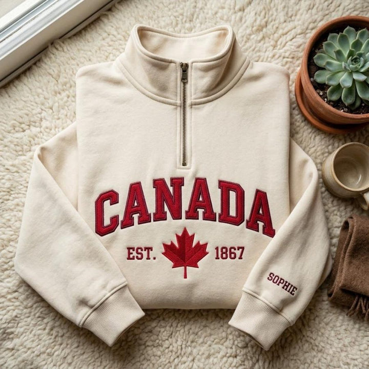 Personalized Canada Maple Leaf EST 1867 embroidered sweatshirt — front view