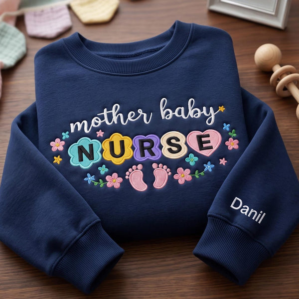 Personalized Mother Baby Nurse Floral Baby Feet embroidered sweatshirt — front view