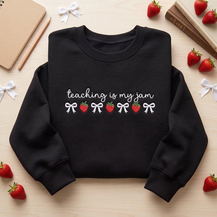 Teaching Is My Jam Strawberry Coquette Bow Embroidered Sweatshirt