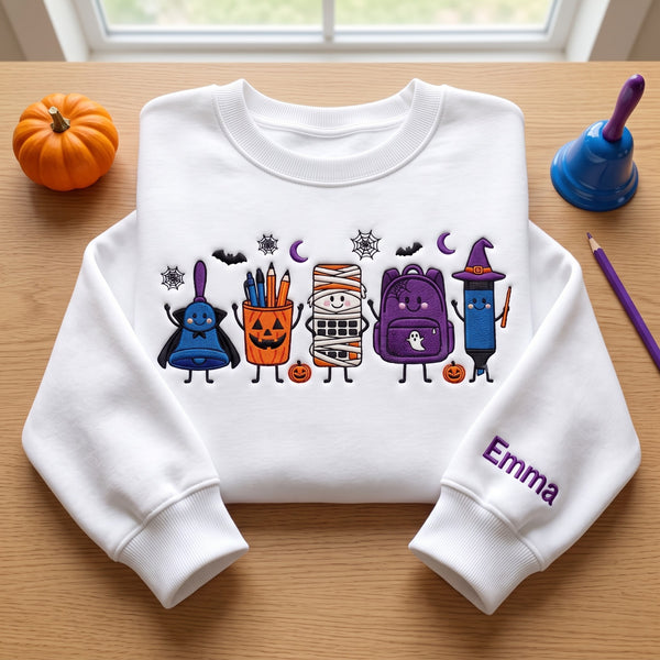 Personalized Halloween Teacher School Supplies Characters Spooky embroidered sweatshirt — front view
