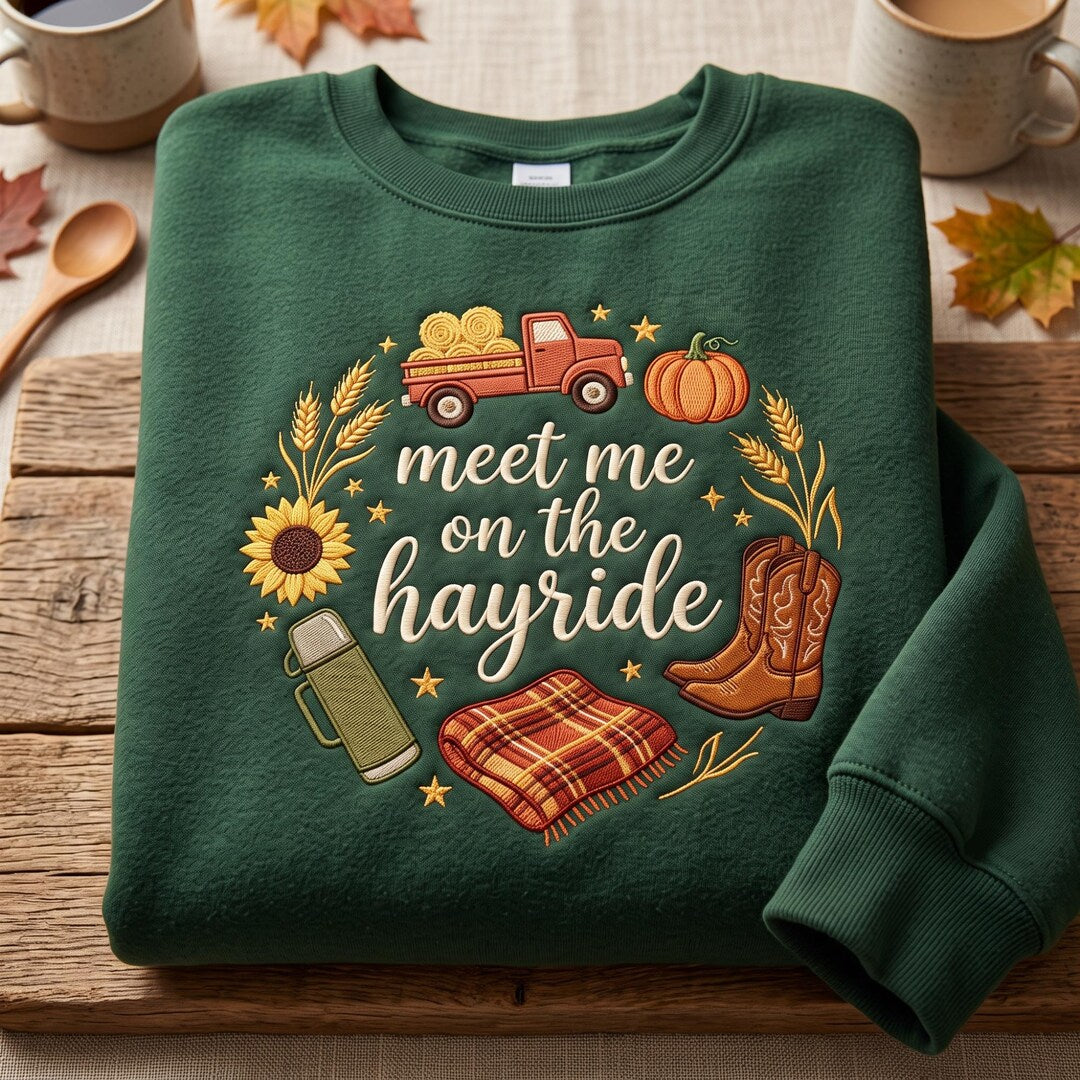 Personalized Meet Me on the Hayride Truck Pumpkin Sunflower Cowboy Boots Fall Custom Name embroidered sweatshirt — front view