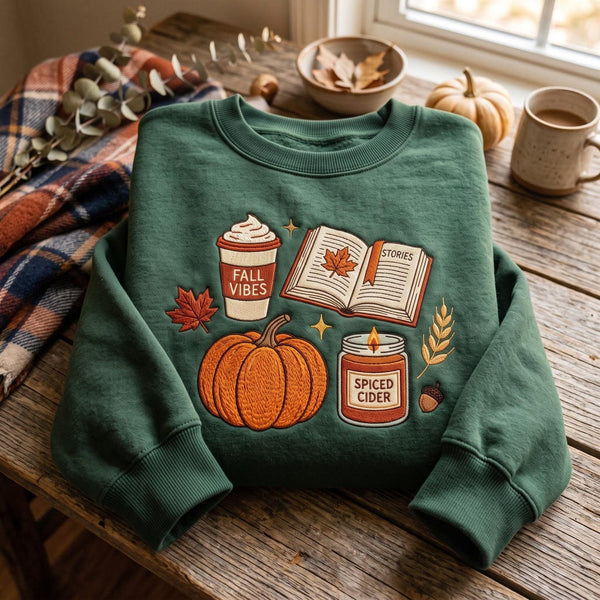 Personalized Fall Vibes Pumpkin Coffee Book Spiced Cider Candle Cozy Autumn embroidered sweatshirt — front view