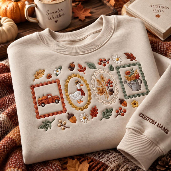 Personalized Fall Goose Pumpkin Truck Wheat Watering Can Autumn Frames Sleeve Name embroidered sweatshirt — front view