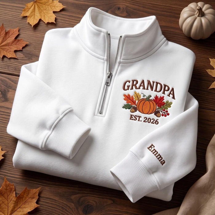 Personalized Grandpa Fall Pumpkin Leaves Acorns EST Year Sleeve Name Embroidered Quarter-Zip