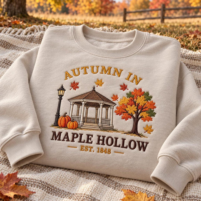 Autumn in Maple Hollow Gazebo Pumpkin Fall Scene Cozy Embroidered Sweatshirt