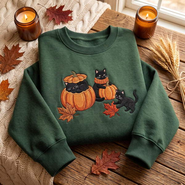 Personalized Fall Three Black Cats Pumpkins Autumn Leaves Custom Name embroidered sweatshirt — front view