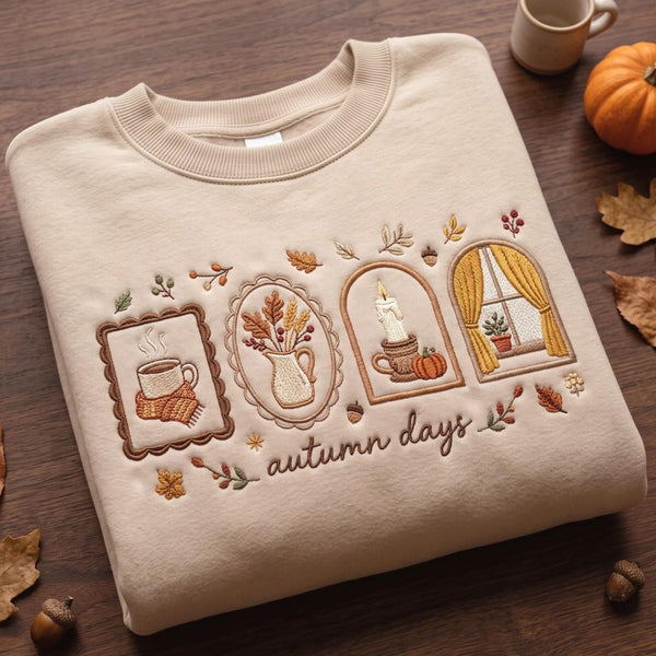 Cozy Autumn Days Coffee Candle Window Cottagecore Fall embroidered sweatshirt — front view