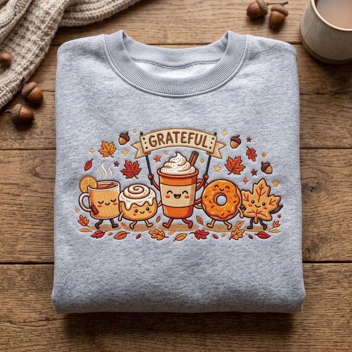 Grateful Fall Autumn Cute Characters Coffee Cinnamon Roll Donut Maple Leaf Thanksgiving Embroidered Sweatshirt