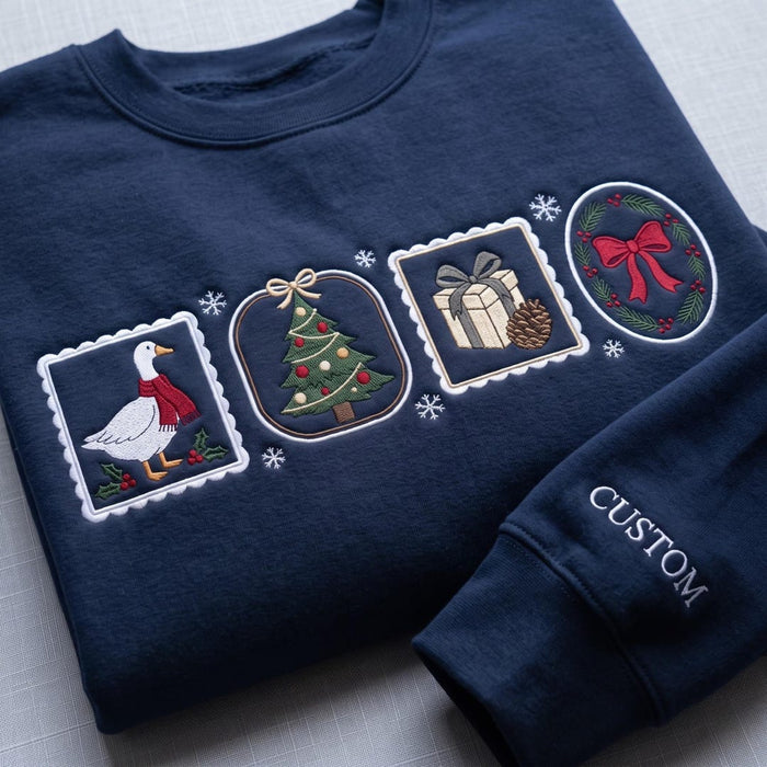 Personalized Christmas Goose Stamp Tree Gift Wreath Bow Holiday Custom Name Sleeve Embroidered Sweatshirt