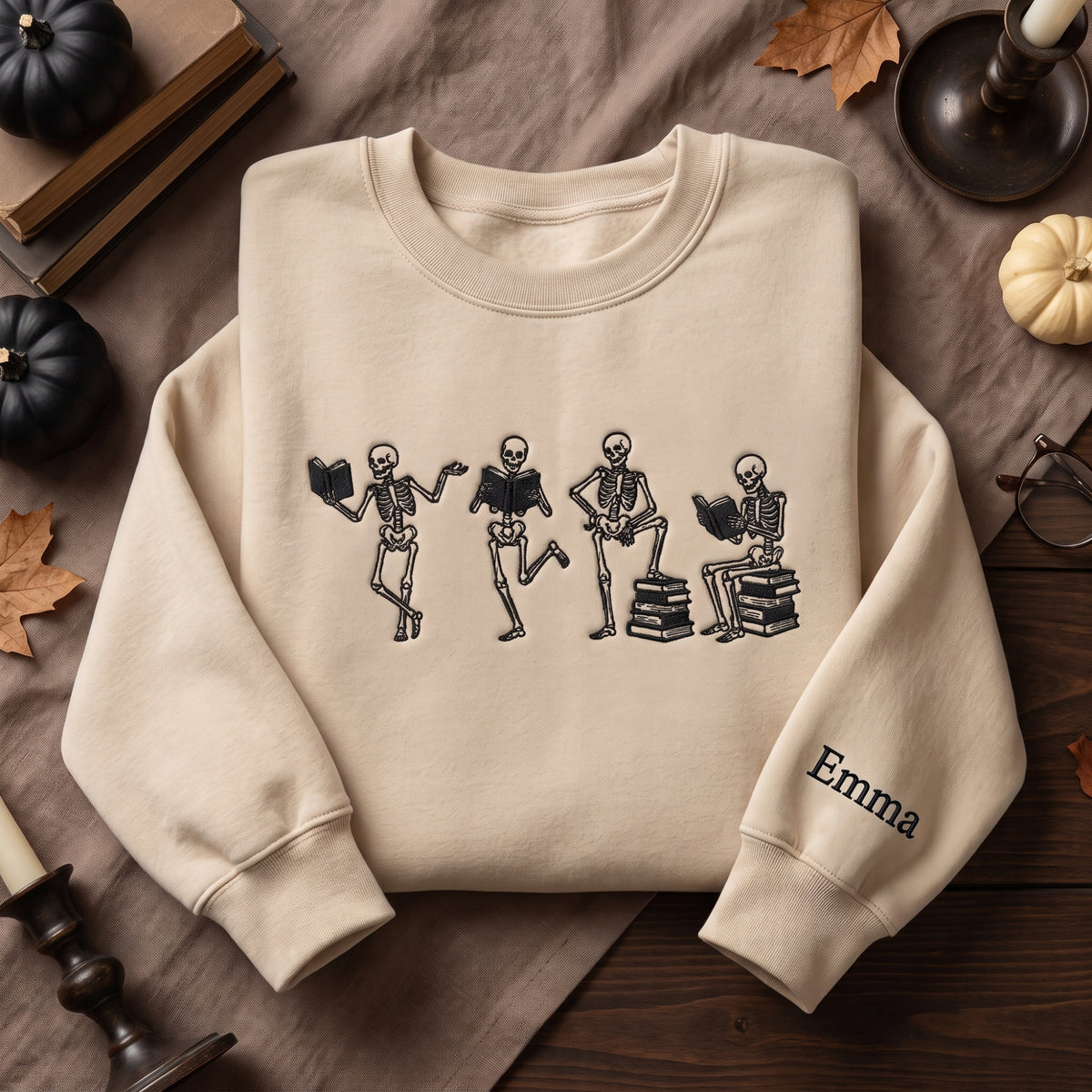Personalized Halloween Skeleton Reading Books Sleeve Name embroidered sweatshirt — front view