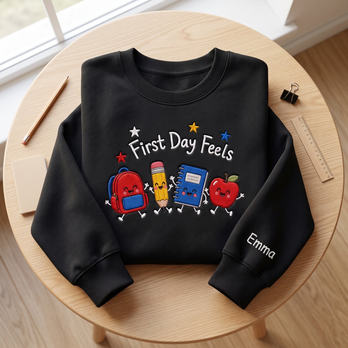 Personalized First Day Feels to School Cute Characters Sleeve Name embroidered sweatshirt — front view