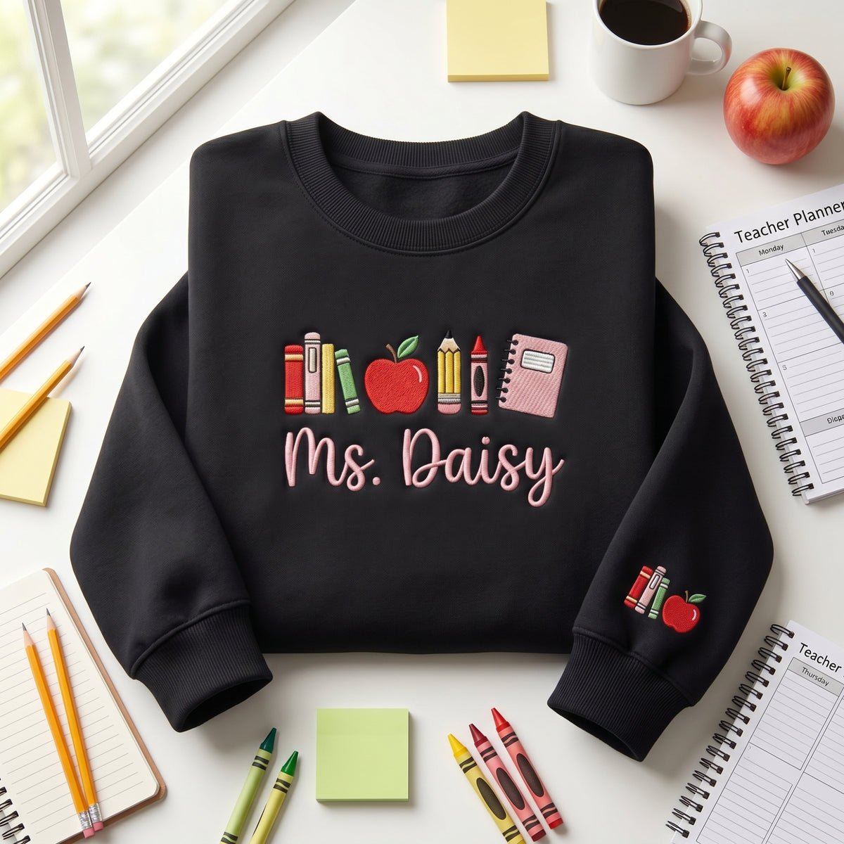 Personalized Teacher Apple Books Pencil Crayon Notebook Sleeve embroidered sweatshirt — front view