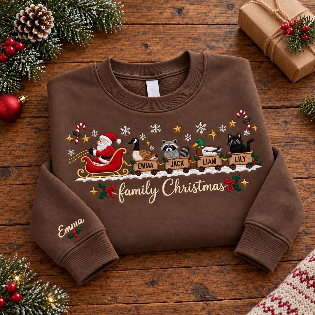 Personalized Santa Sleigh Family Christmas Goose Raccoon Duck Black Cat Custom Name Sleeve embroidered sweatshirt — front view