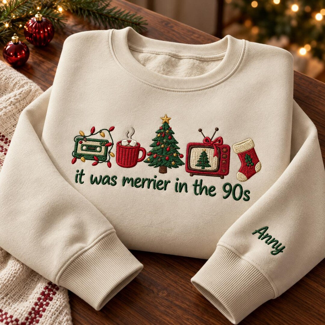 Personalized It Was Merrier in the 90s Nostalgic Christmas Custom Name Sleeve embroidered sweatshirt — front view