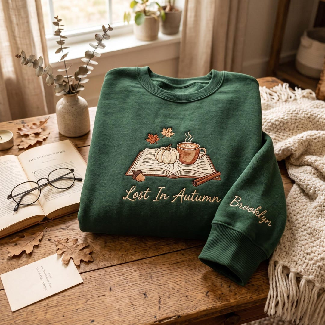 Personalized Fall Book Lover Lost in Autumn Pumpkin Coffee Leaves Custom Name Sleeve embroidered sweatshirt — front view