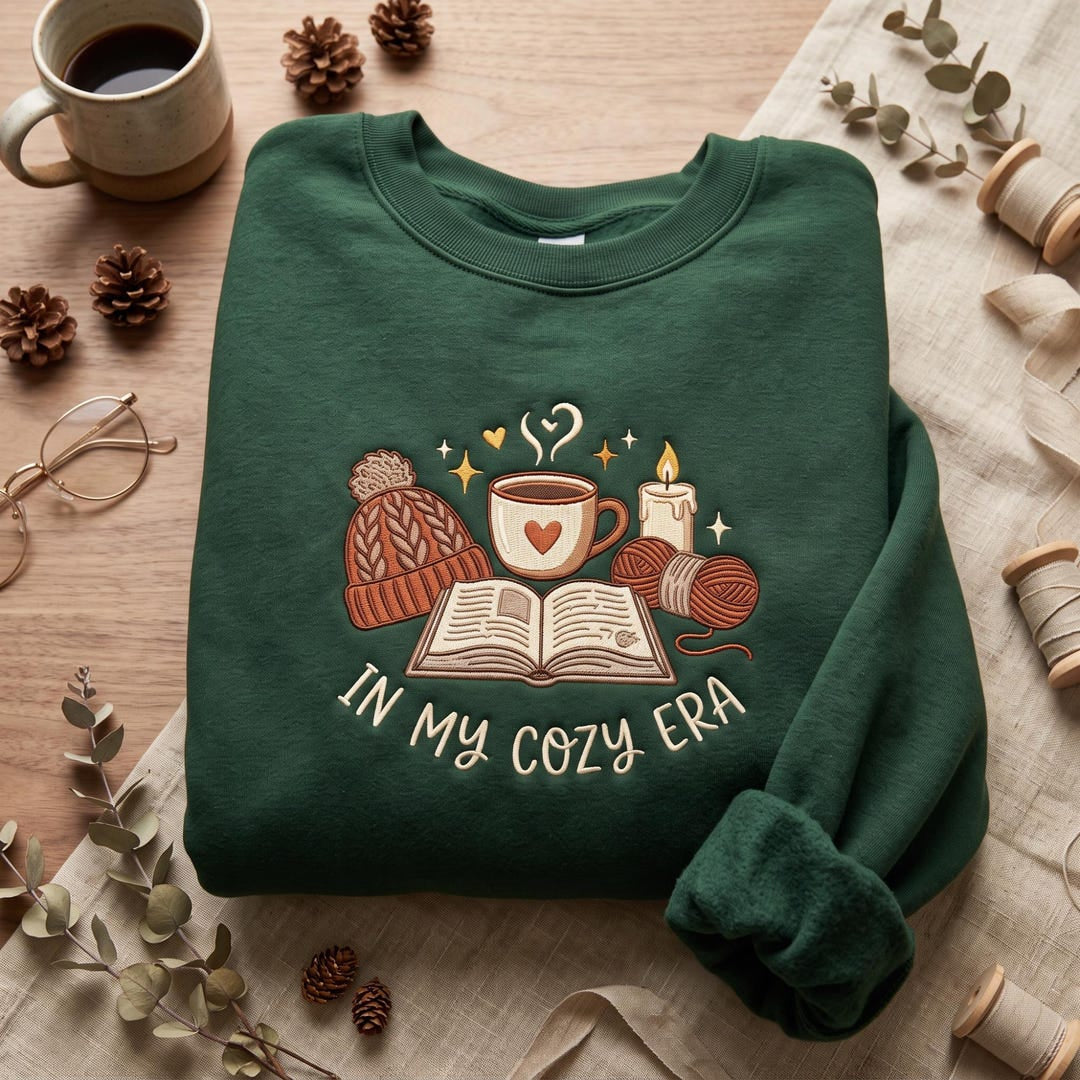 In My Cozy Era Book Coffee Mug Candle Yarn Beanie Hat Fall Reading embroidered sweatshirt — front view