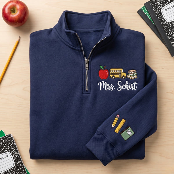 Personalized Teacher Apple School Bus Books embroidered quarter-zip — front view