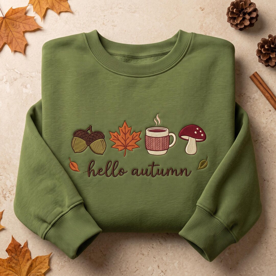 Hello Autumn Acorn Maple Leaf Coffee Mug Mushroom Fall embroidered sweatshirt — front view