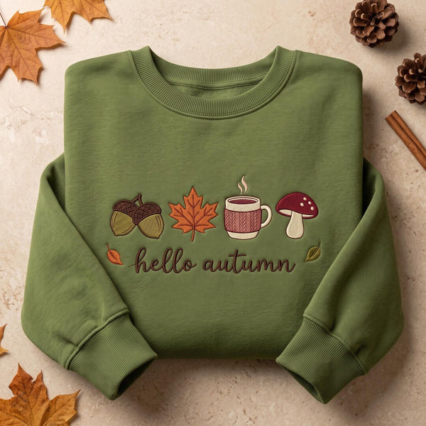Hello Autumn Acorn Maple Leaf Coffee Mug Mushroom Fall embroidered sweatshirt — front view