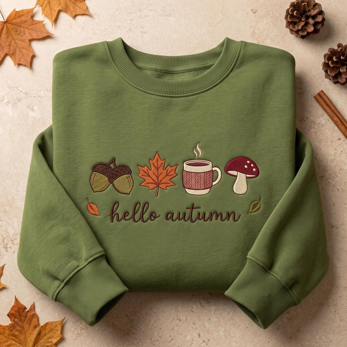 Hello Autumn Acorn Maple Leaf Coffee Mug Mushroom Fall Embroidered Sweatshirt