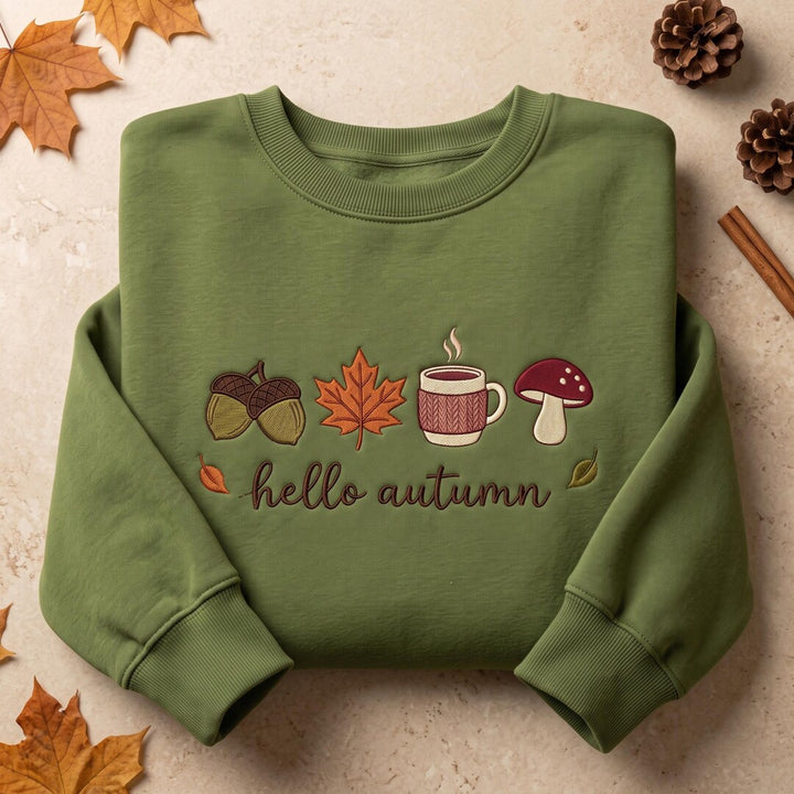 Hello Autumn Acorn Maple Leaf Coffee Mug Mushroom Fall embroidered sweatshirt — front view
