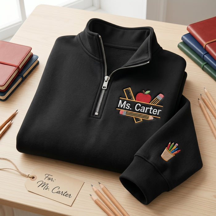 Personalized Teacher Apple Ruler Pencil Crayon Cup Embroidered Quarter-Zip