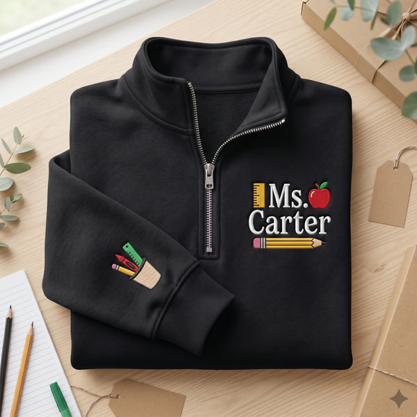 Personalized Teacher Ms embroidered quarter-zip — front view