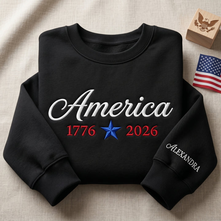Personalized America 1776 2026 Star Name On Sleeve embroidered sweatshirt - front view