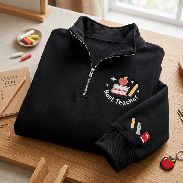 Personalized Best Teacher Apple Books Pencil Sleeve Icons embroidered quarter-zip - front view