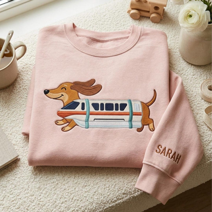 Personalized Dachshund Monorail Train Dog embroidered sweatshirt - front view