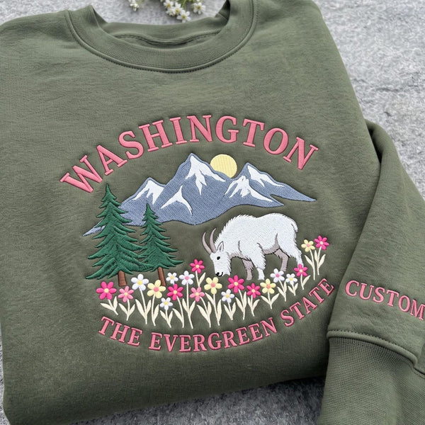 Personalized Washington The Evergreen State Mountain Goat Wildflowers embroidered sweatshirt - front view