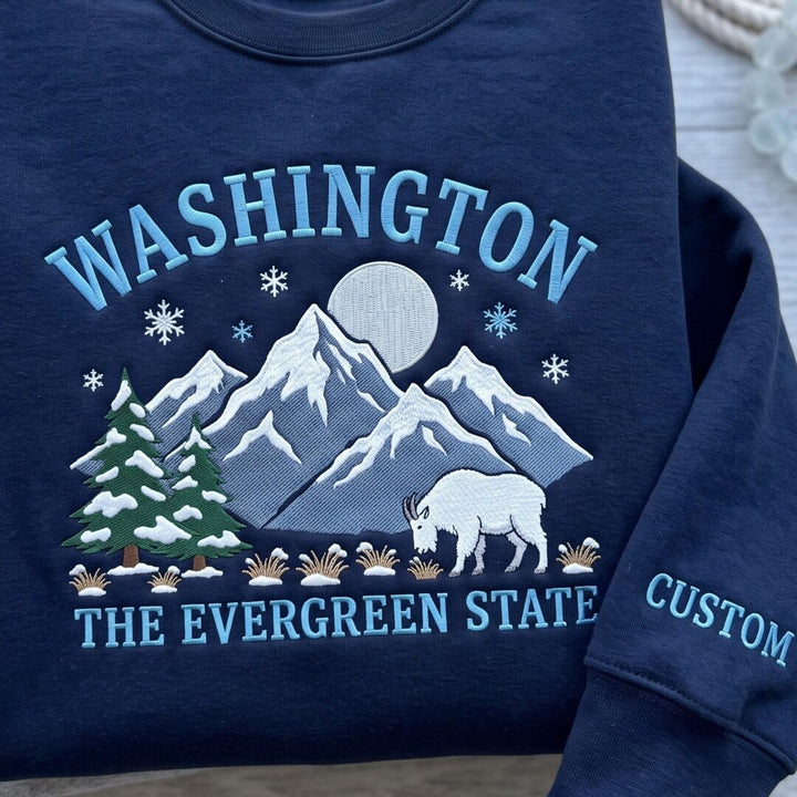 Personalized Washington The Evergreen State Winter Mountain Goat Snow Pine Trees embroidered sweatshirt - front view