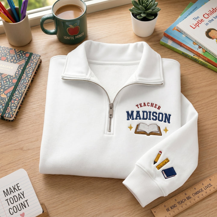 Personalized Teacher Name Book Pencil Ruler embroidered quarter-zip - front view