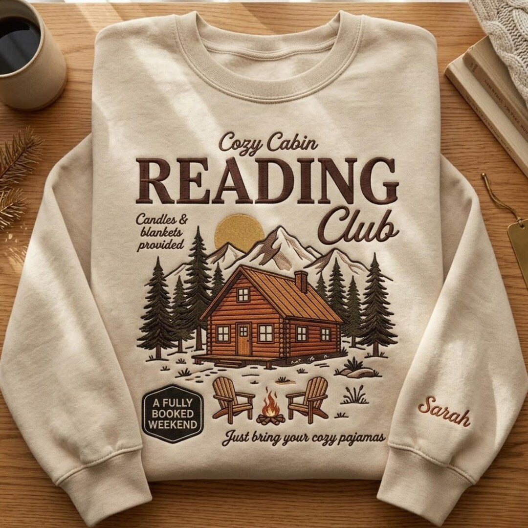 Personalized Cozy Cabin Reading Club Book Lover Mountain Campfire embroidered sweatshirt - front view