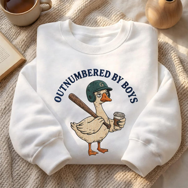 Outnumbered By Boys Baseball Duck Coffee Mom Funny Sport embroidered sweatshirt - front view