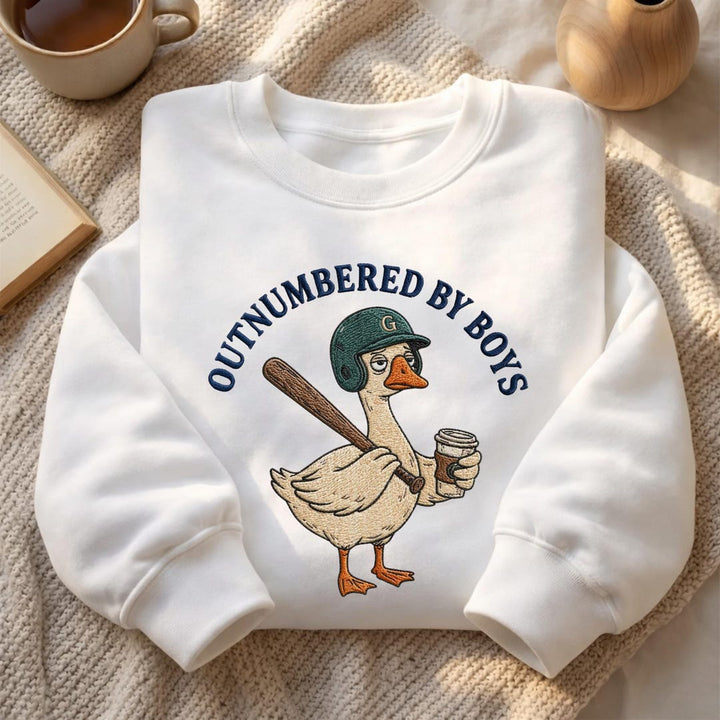 Outnumbered By Boys Baseball Duck Coffee Mom Funny Sport embroidered sweatshirt - front view